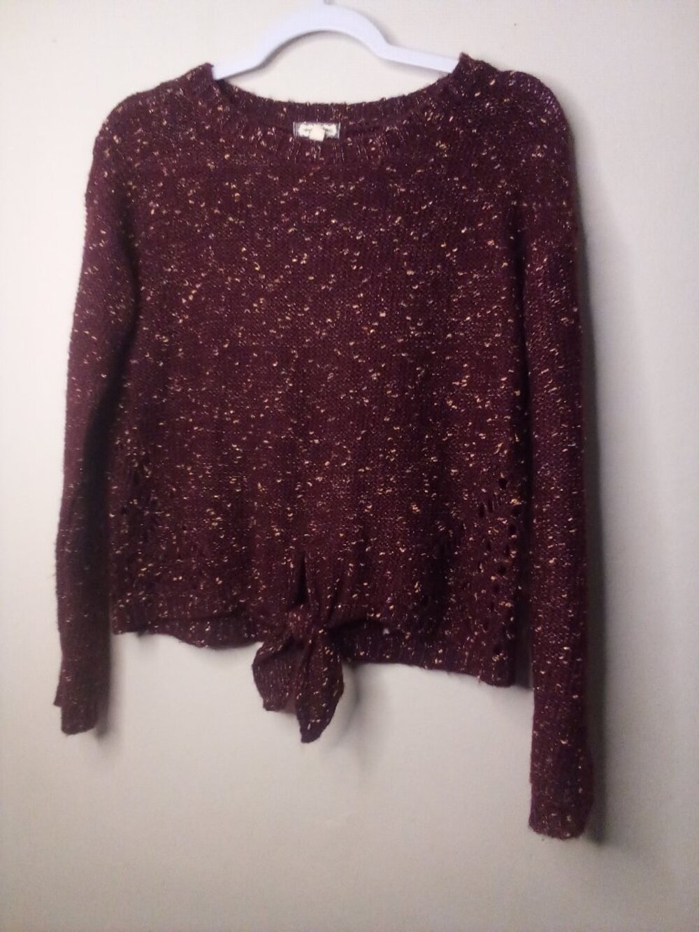 Eyeshadow Sweater Women S Long Sleeve Open Knit Tie Hem Red